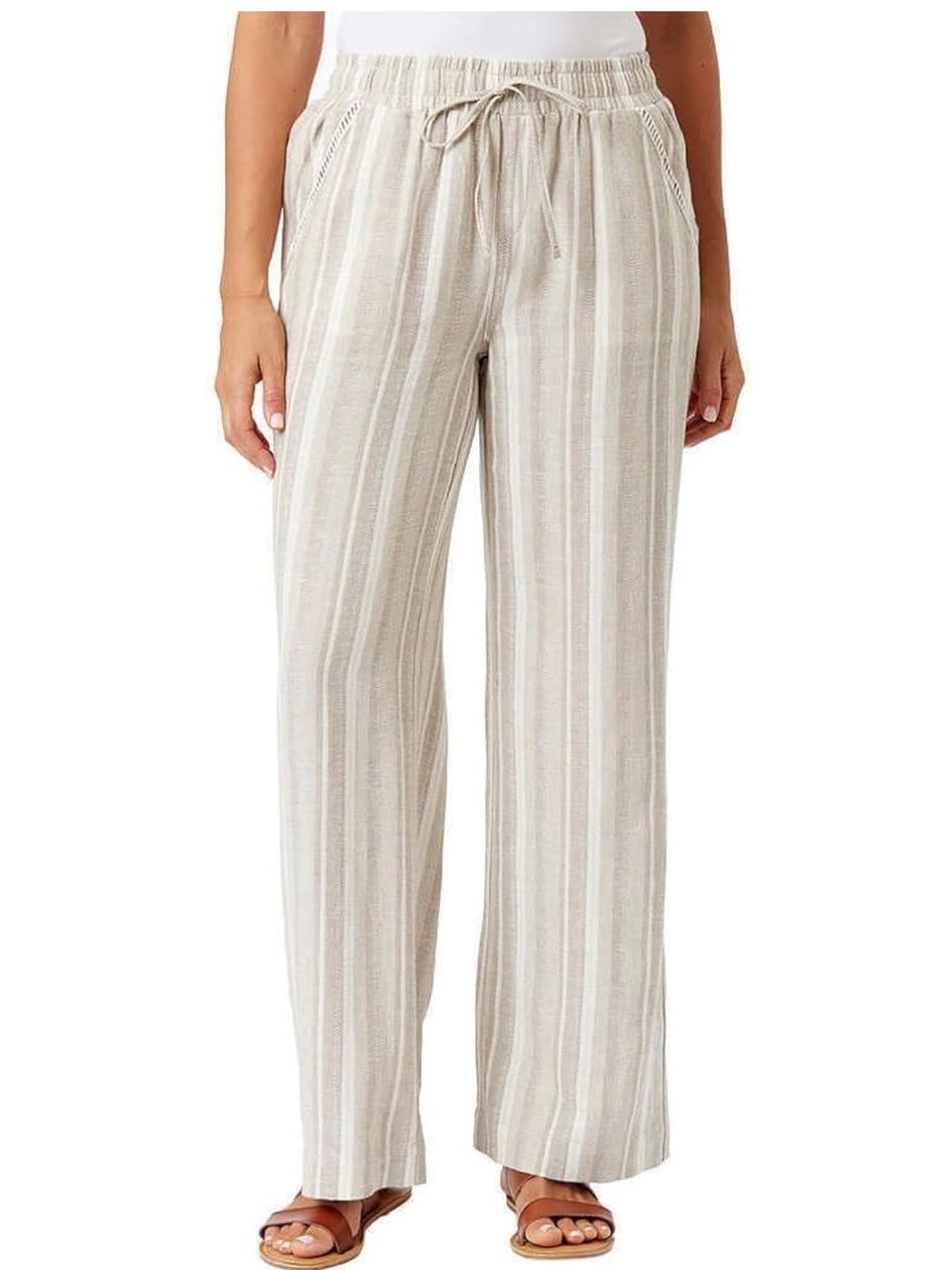 Briggs Beige Striped Wide Leg Pants Size S Linen Rayon